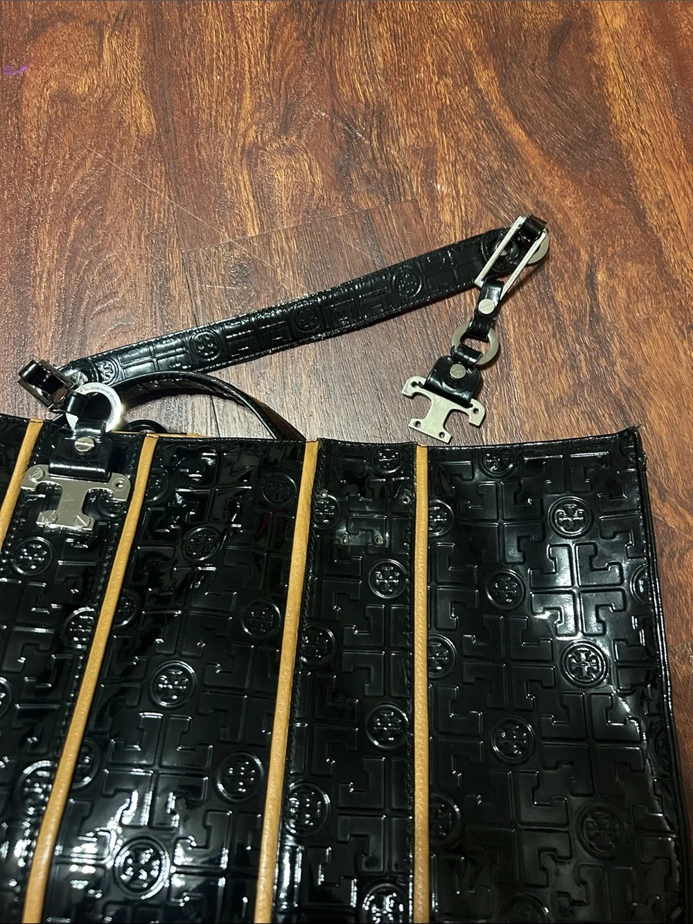 Tory Burch Black Patent Leather Tote with Tan Trim and Logo Embossing